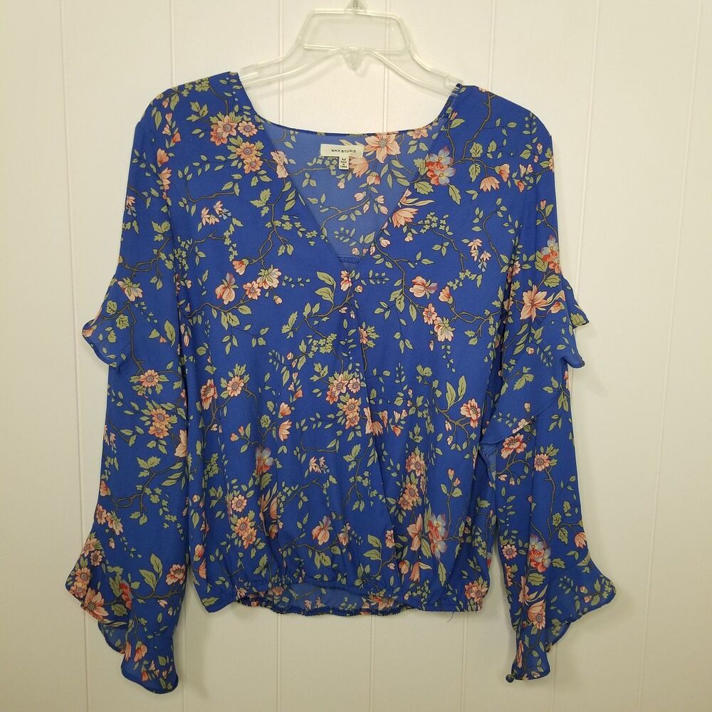 Max Studio Top Women's Medium Blue Floral Boho Faux Wrap Summer